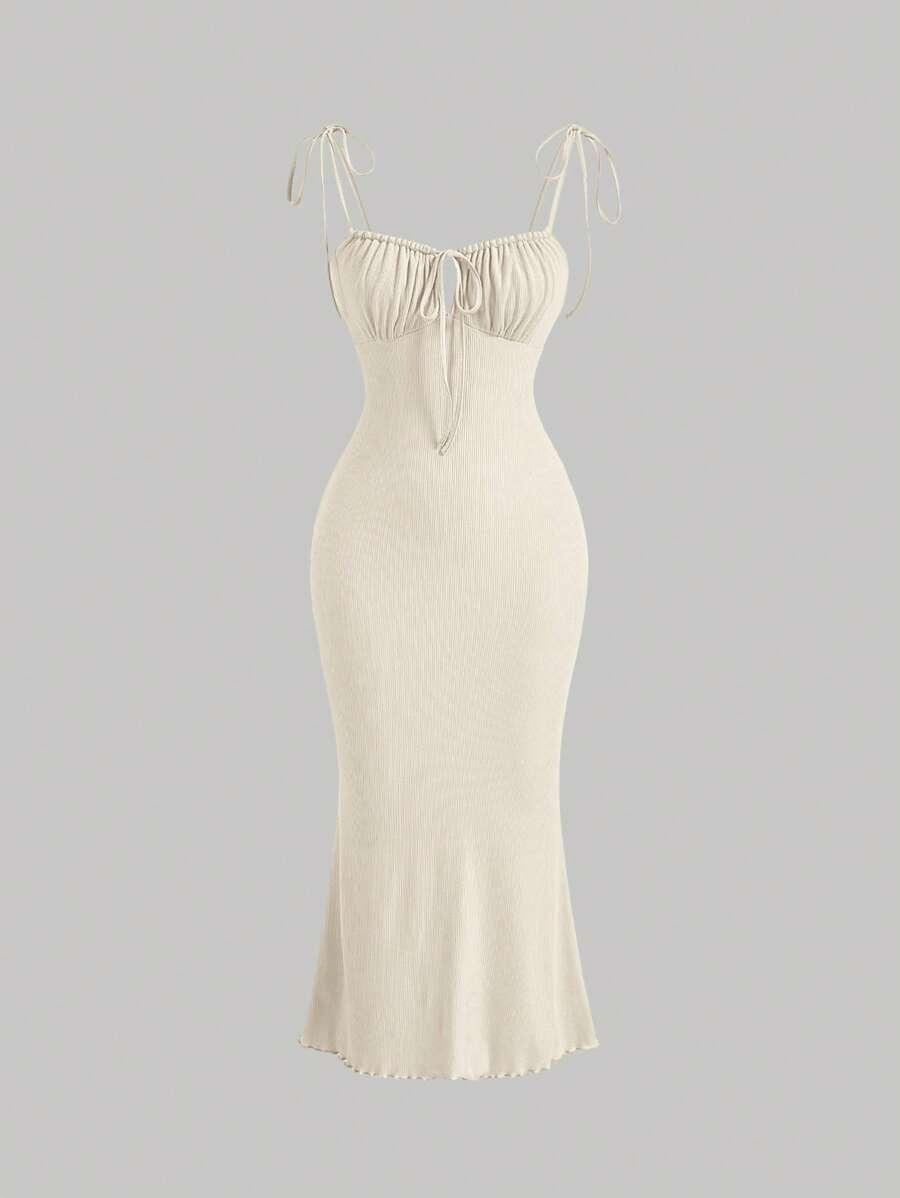 cream ribbed midi dress with tie straps