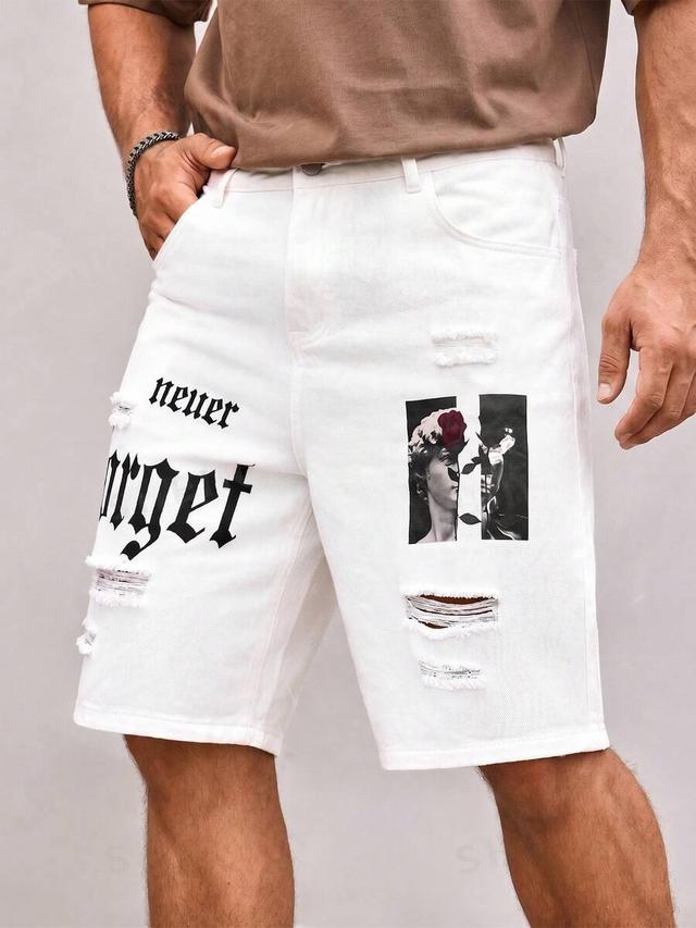 white distressed denim shorts with sculptural floral graphic print
