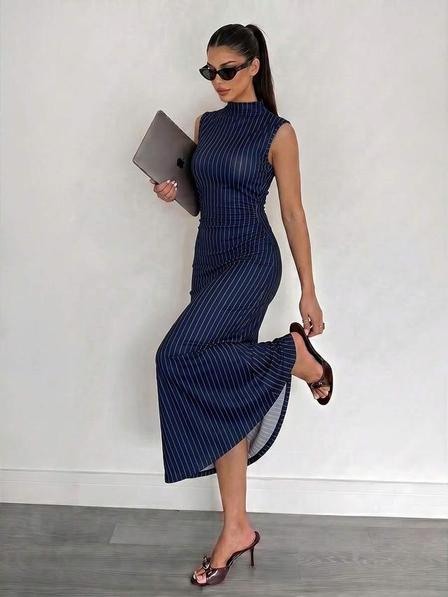 navy blue pinstripe sleeveless stand collar pleated dress
