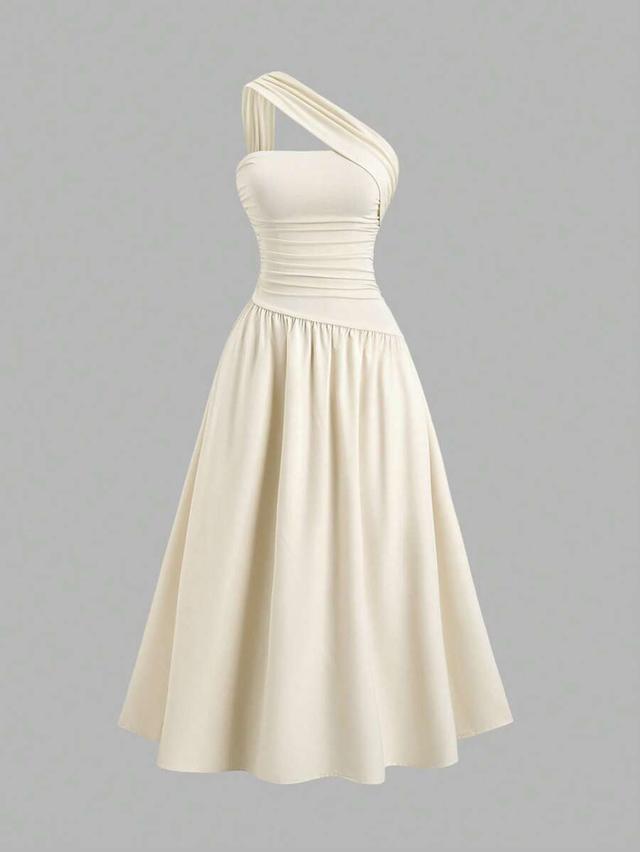 cream oblique shoulder ruched bodycon midi dress