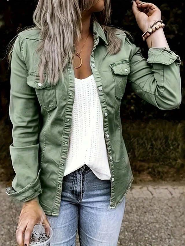 casual olive green denim button-down jacket