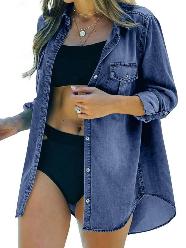 womens oversized distressed denim button down shirt