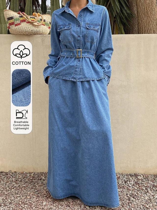 denim blue belted shirt and maxi skirt set