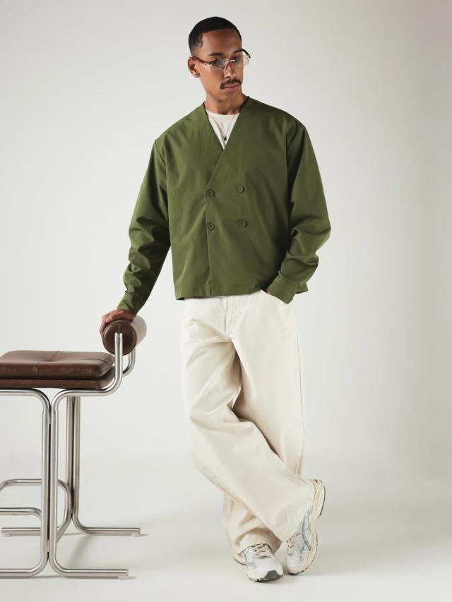 olive green double breasted collarless cropped shirt