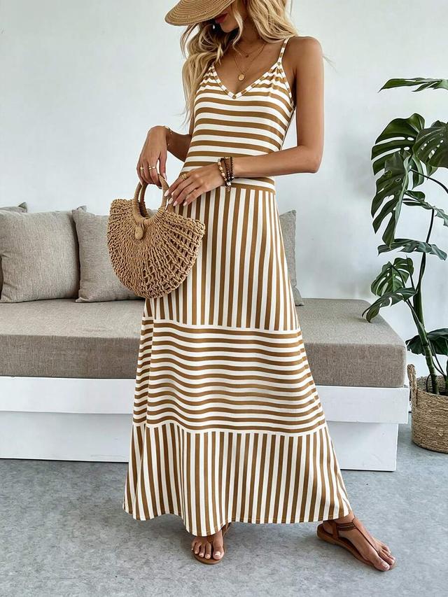 casual vacation bohemian style striped spaghetti strap dress