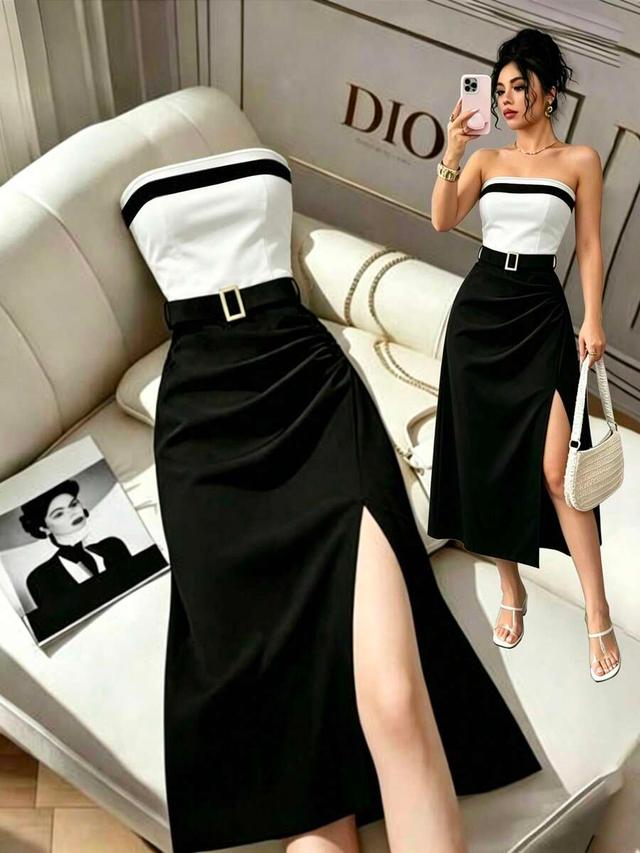 black and white colorblock bandeau waist-cinched slit dress