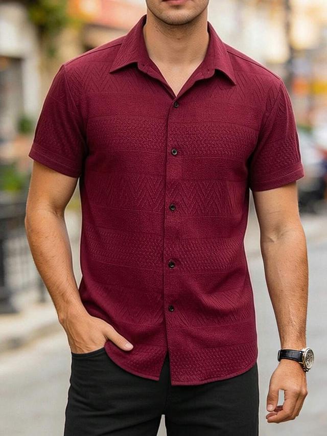 burgundy textured short sleeve button down shirt