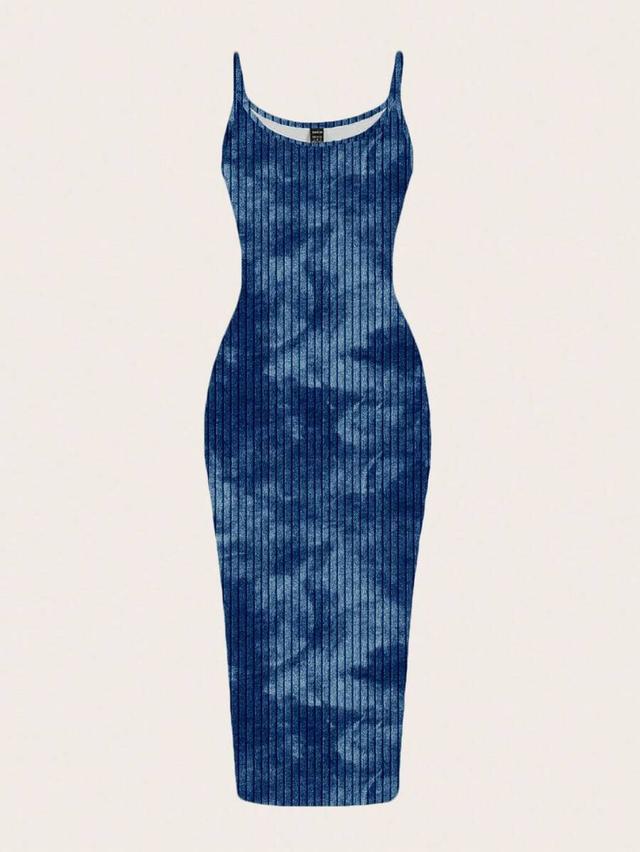 navy blue tie-dye ribbed bodycon midi dress