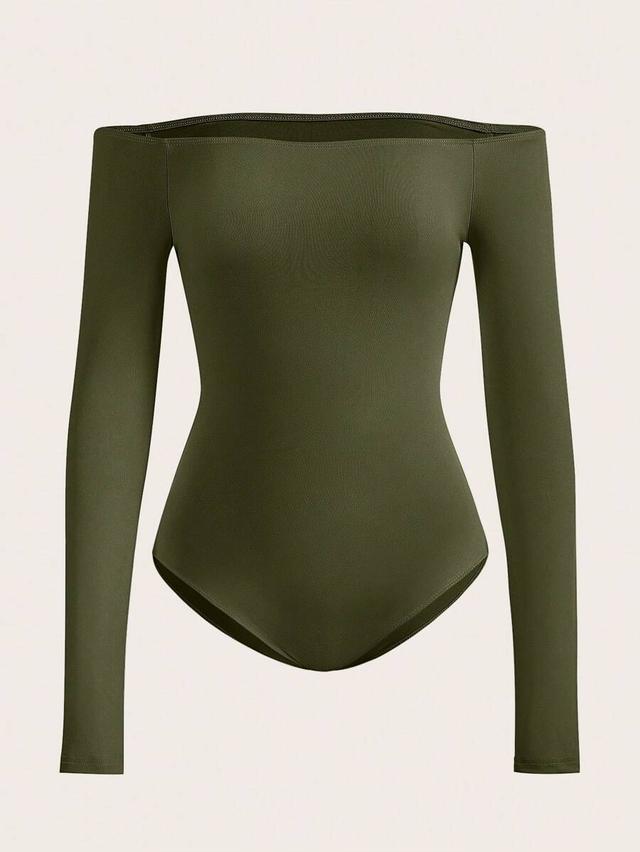 olive green off-shoulder long sleeve fitted bodysuit