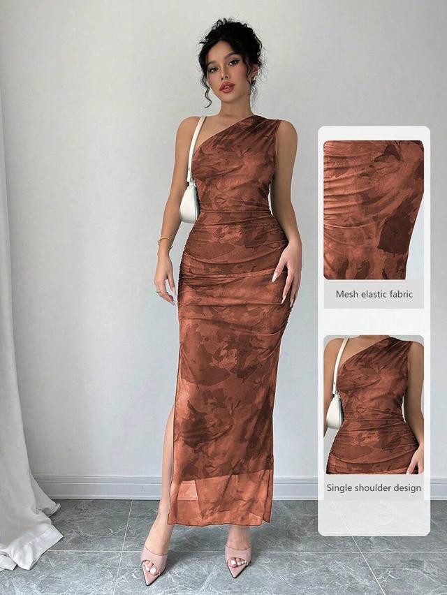brown floral print asymmetrical sleeveless bodycon maxi dress