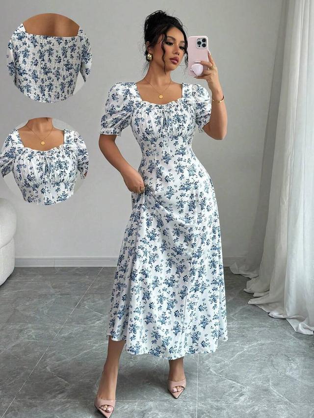 floral print square neck mini dress with ruffle sleeves