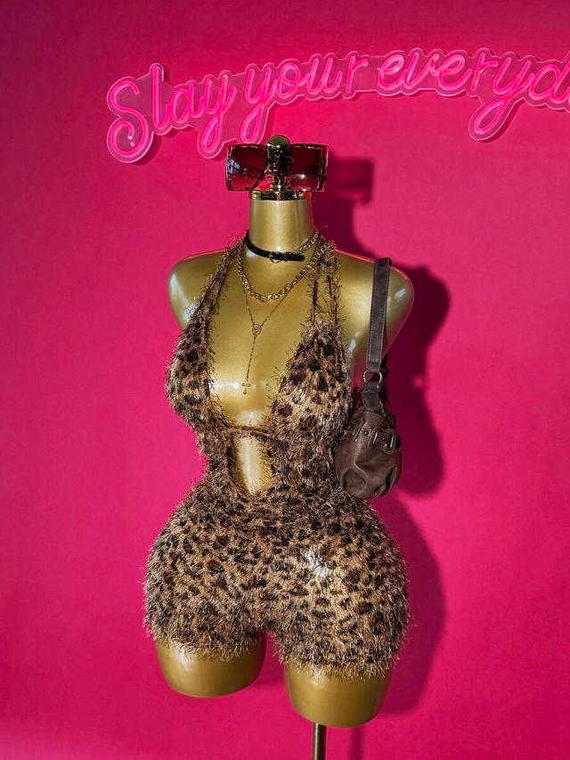 leopard print fuzzy halter playsuit with cut-out detail