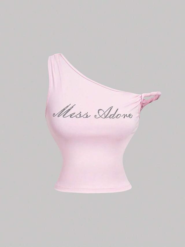 pink asymmetrical rhinestone embellished one-shoulder top