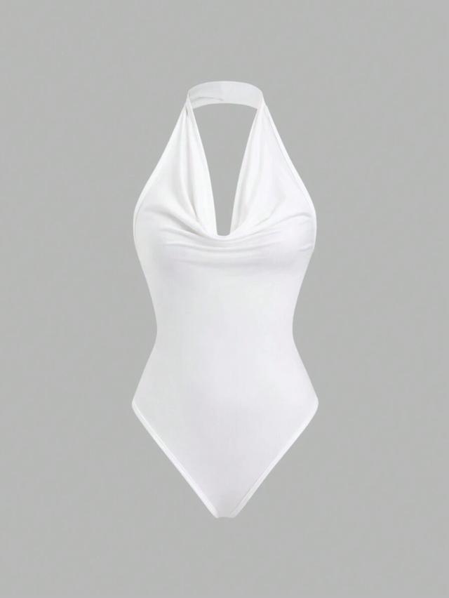 white cowl neck halter bodysuit