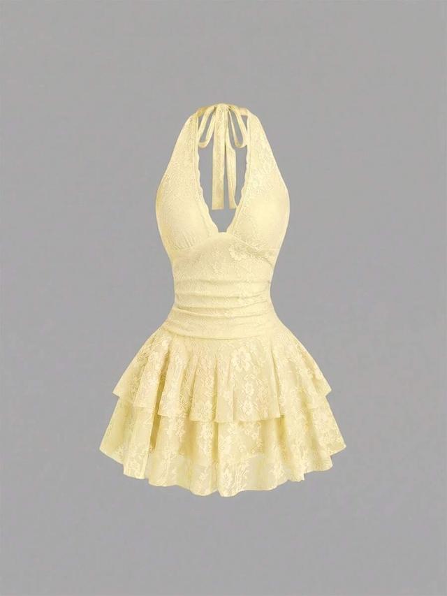 pale yellow lace halter tiered mini dress