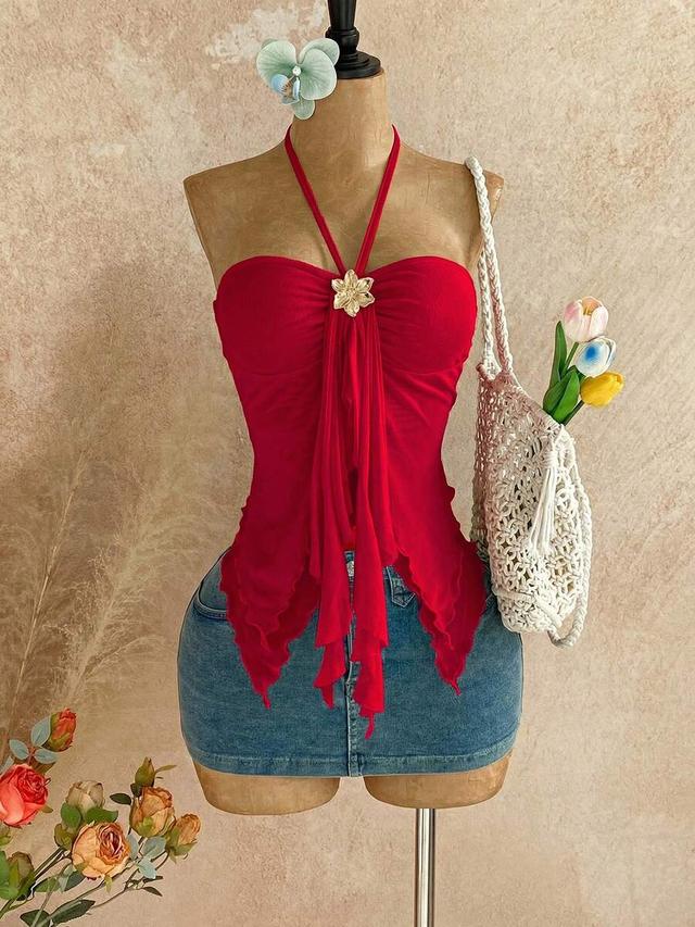 red asymmetrical hem halter camisole with seashell decor