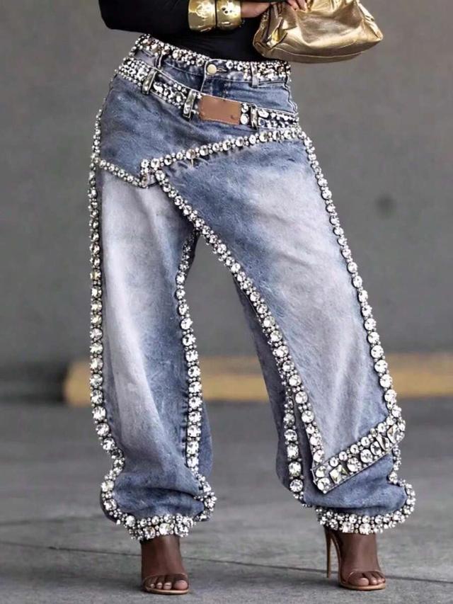 high-waisted straight wide-leg jeans with heavy crystal embellishment