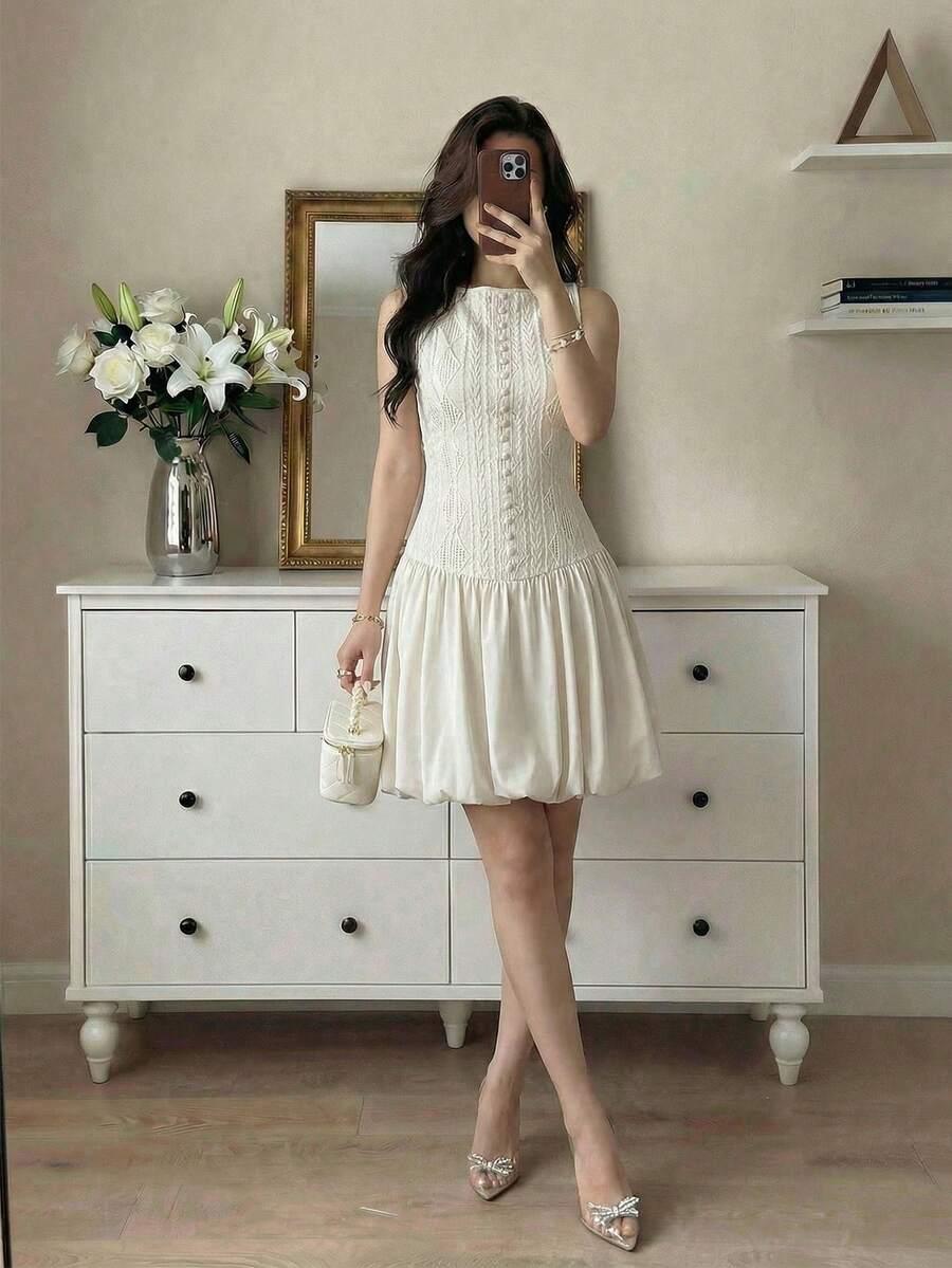 elegant textured sleeveless bubble hem dress