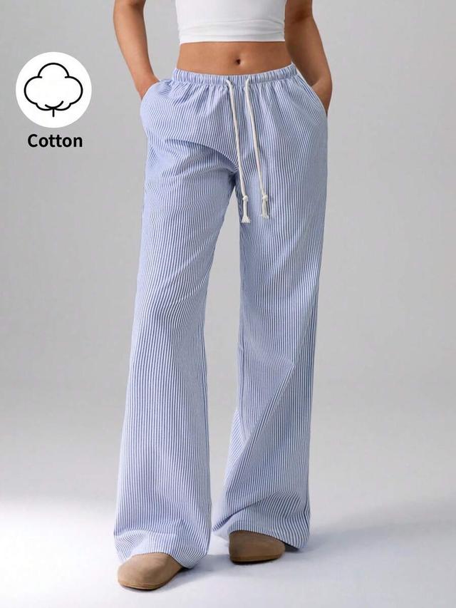 blue and white striped cotton drawstring lounge pants