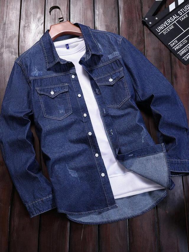 men's casual washed long sleeve denim shirt