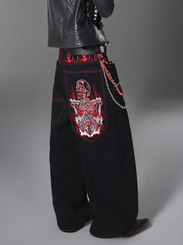 men's wide leg black denim jeans with skeleton embroidery