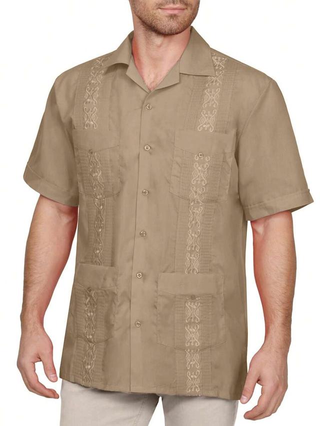 tan cuban guayabera shirt with embroidery and pockets