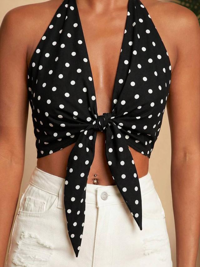 black and white polka dot front knot halter top