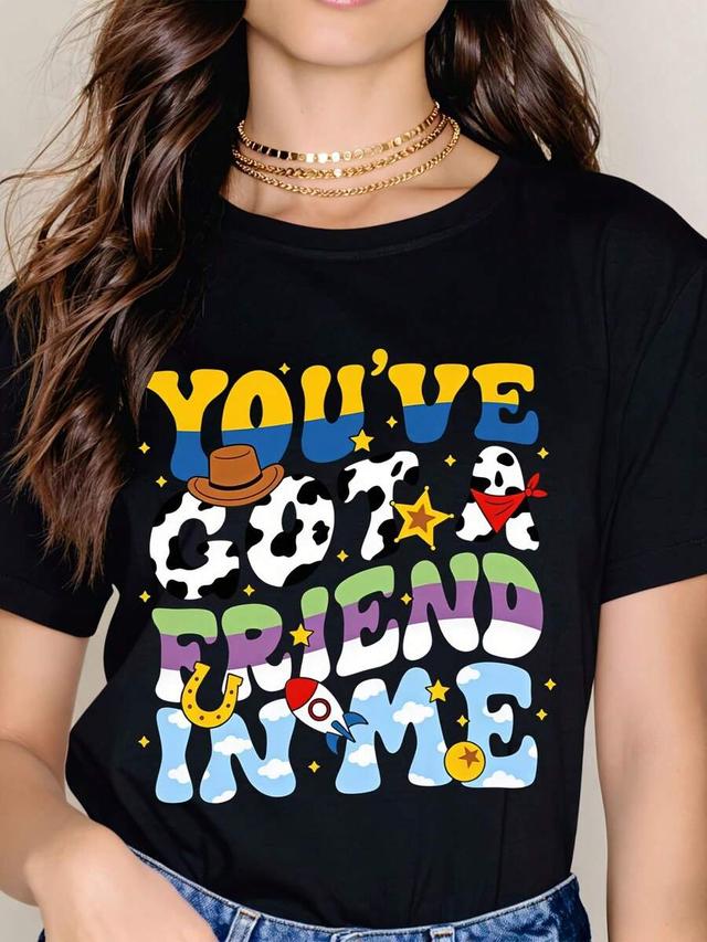black cotton graphic t-shirt with colorful character print