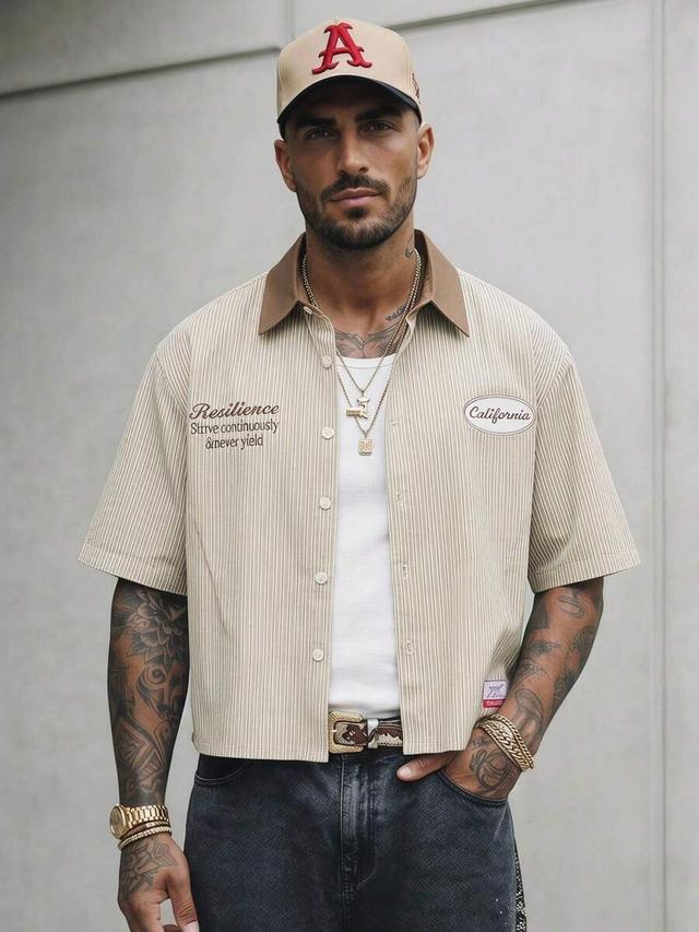 striped short sleeve button-up shirt with embroidery