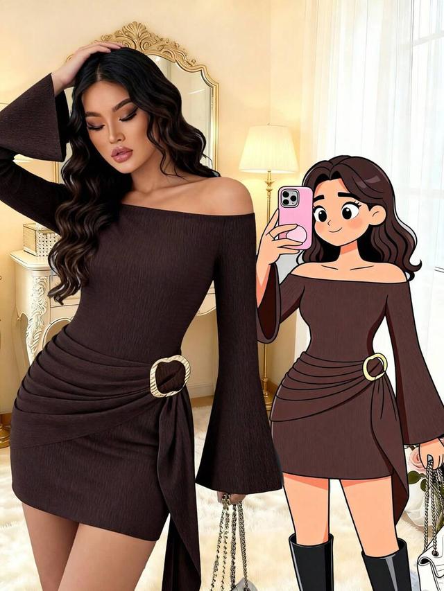 women's solid brown textured knit off-shoulder knotted dress