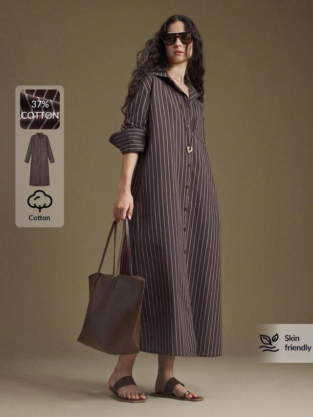 dark brown striped button-down shirt dress