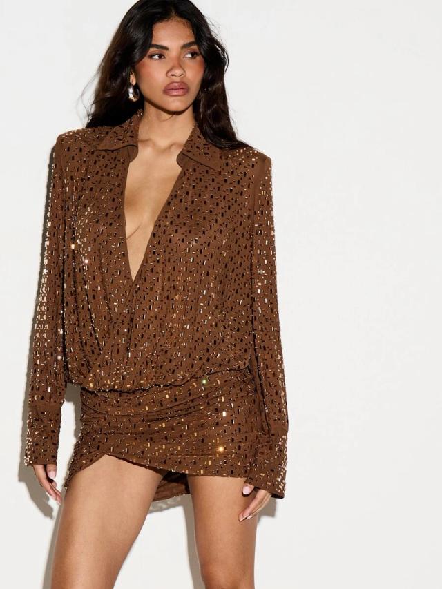 sequin mirror hotfix mini shirt dress