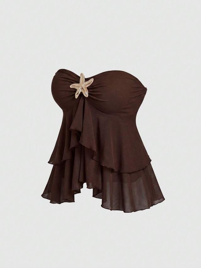 brown ruffle hem cropped camisole with starfish detail