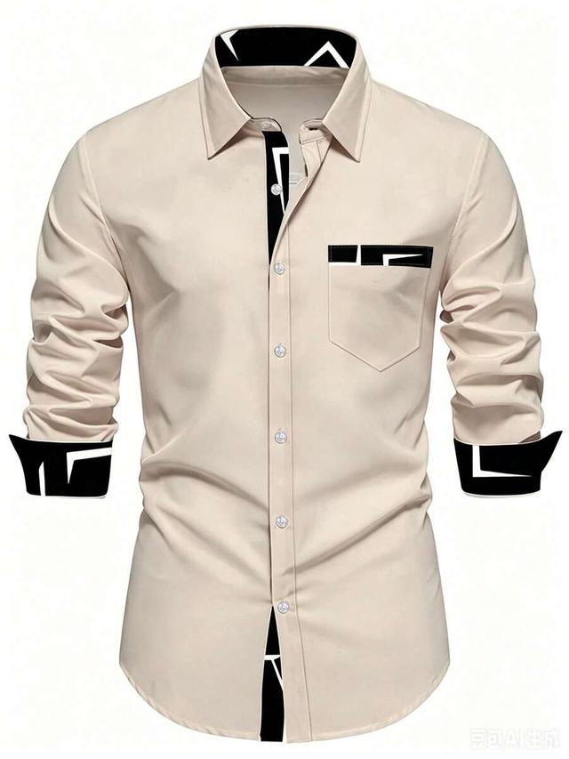 beige contrast collar long sleeve button-up shirt