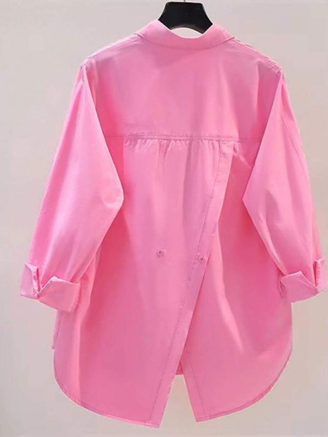 women's elegant pink woven long sleeve button-up blouse
