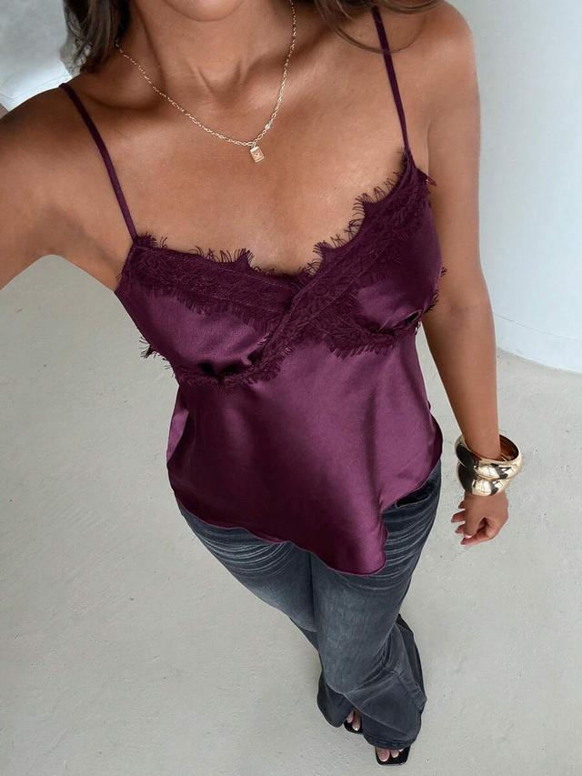 elegant purple satin camisole with lace patchwork trim