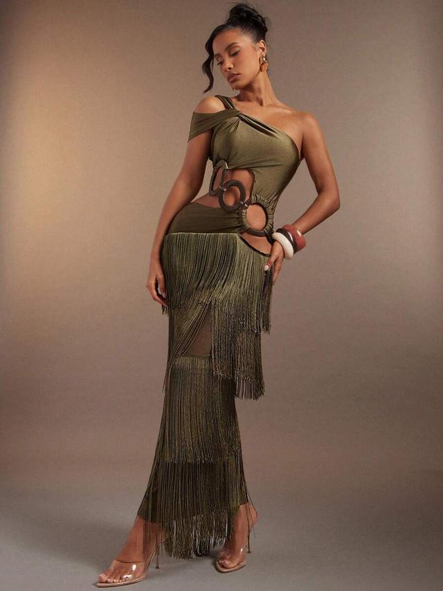 olive green one-shoulder cut-out fringe midi dress