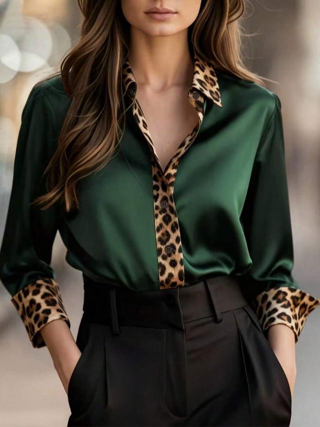 emerald green satin button-up shirt with leopard print