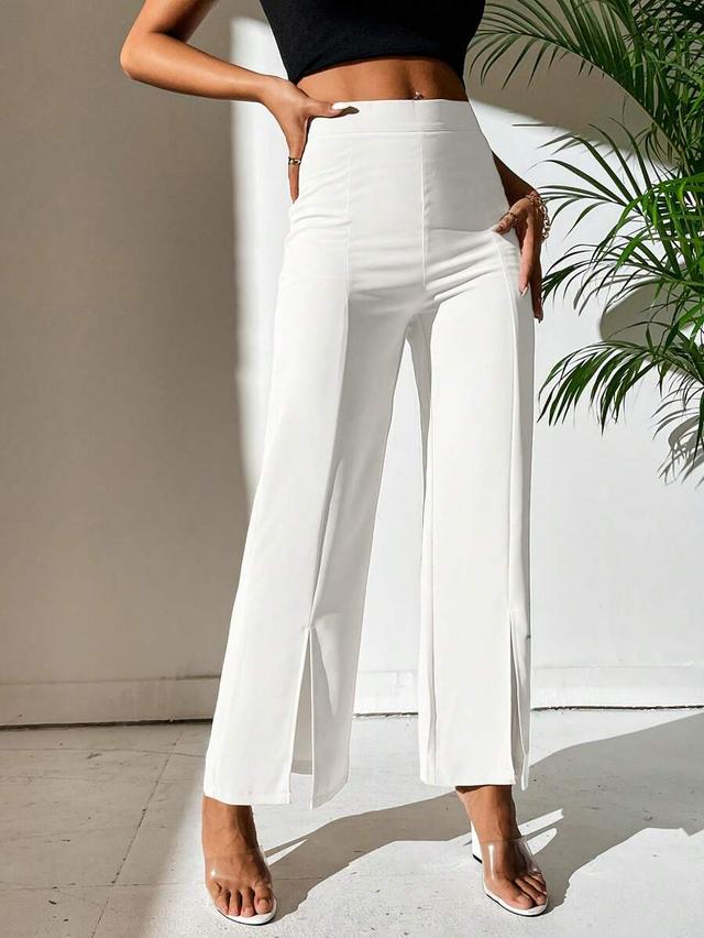 white high waist split hem petite trousers