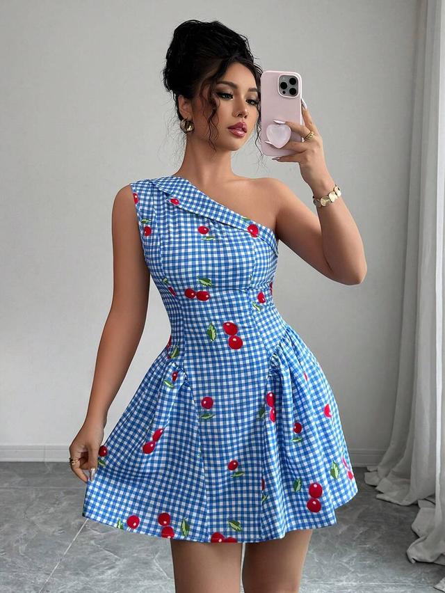 blue gingham cherry print one shoulder fitted dress