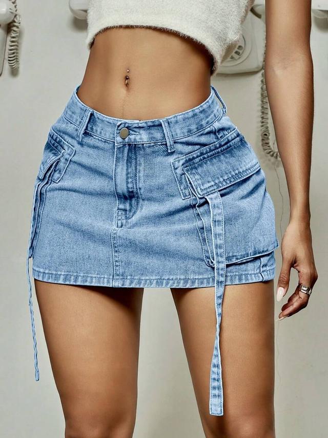 light wash denim cargo mini skirt