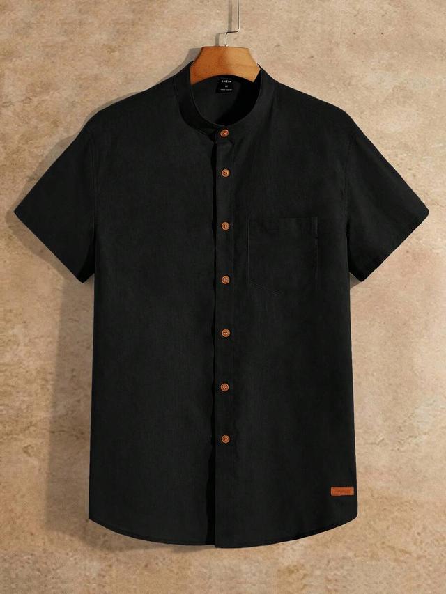black short sleeve linen stand collar button shirt