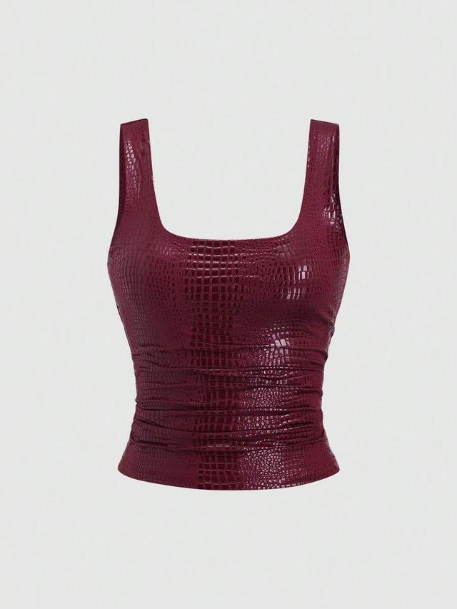 burgundy crocodile embossed pu coated fitted tank top