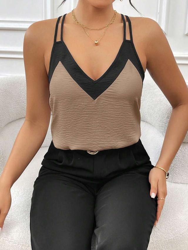 women's beige textured tank top with contrast straps