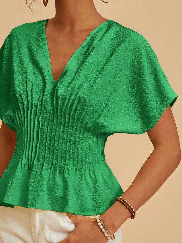 emerald green v-neck pleated batwing sleeve blouse