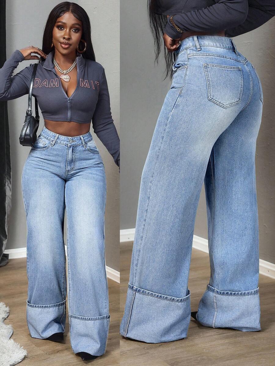 washed light blue loose fit cuffed hem jeans