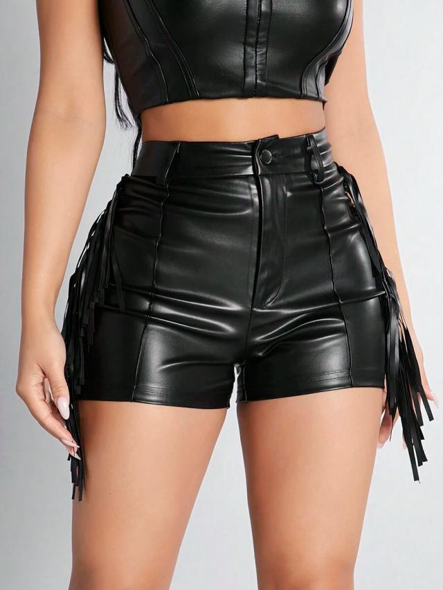 black faux leather high-waisted fringed shorts