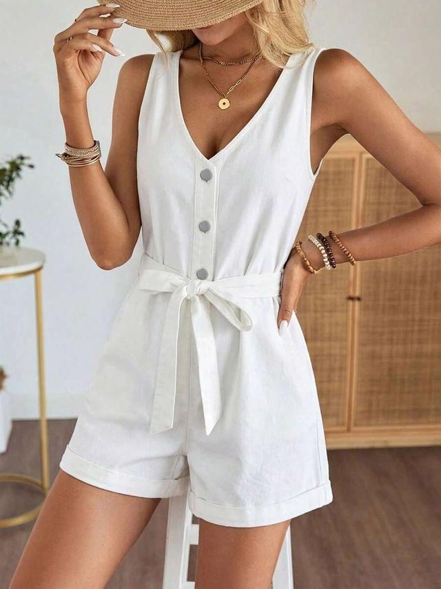 white sleeveless button-front cotton playsuit with waist tie