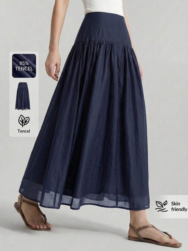 elegant navy blue tencel flared a-line midi skirt