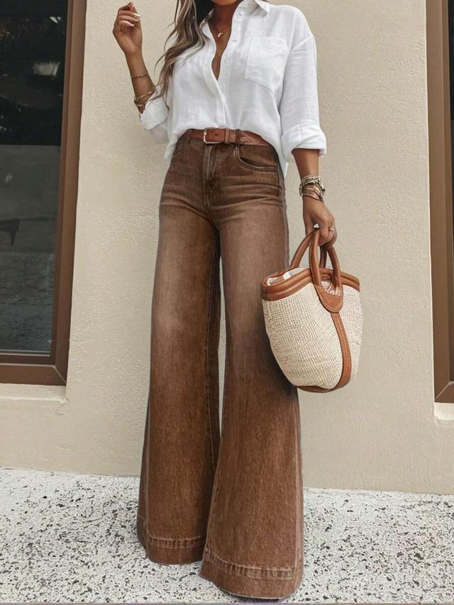 women's brown washed wide leg denim jeans